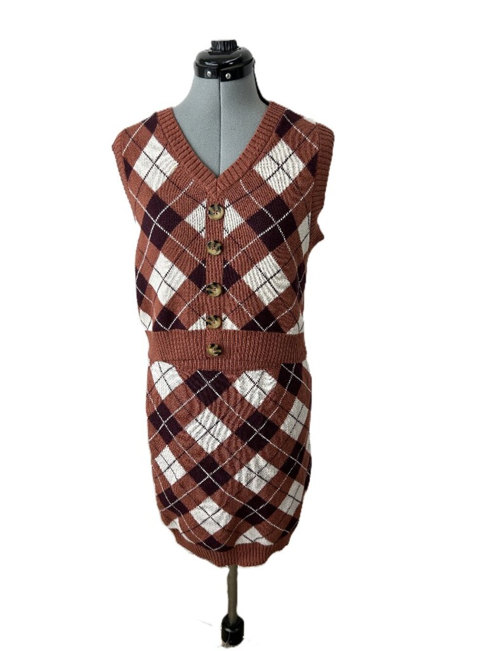 Say What? Argyle Sweater Vest and Skirt Brown White L